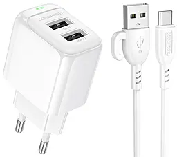 Мережевий зарядний пристрій Borofone BAS41A Potential 2.4a 2xUSB-A ports home charger + USB-С cable white - фото Мережевий зарядний пристрій Borofone BAS41A Potential 2.4a 2xUSB-A ports home charger + USB-С cable white