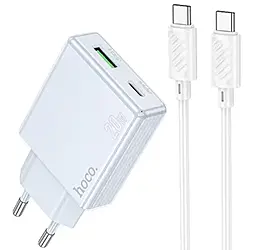 Мережевий зарядний пристрій Hoco C142A Direct 20w PD USB-C/USB-A ports charger + USB-C to USB-C cable blue - фото Мережевий зарядний пристрій Hoco C142A Direct 20w PD USB-C/USB-A ports charger + USB-C to USB-C cable blue