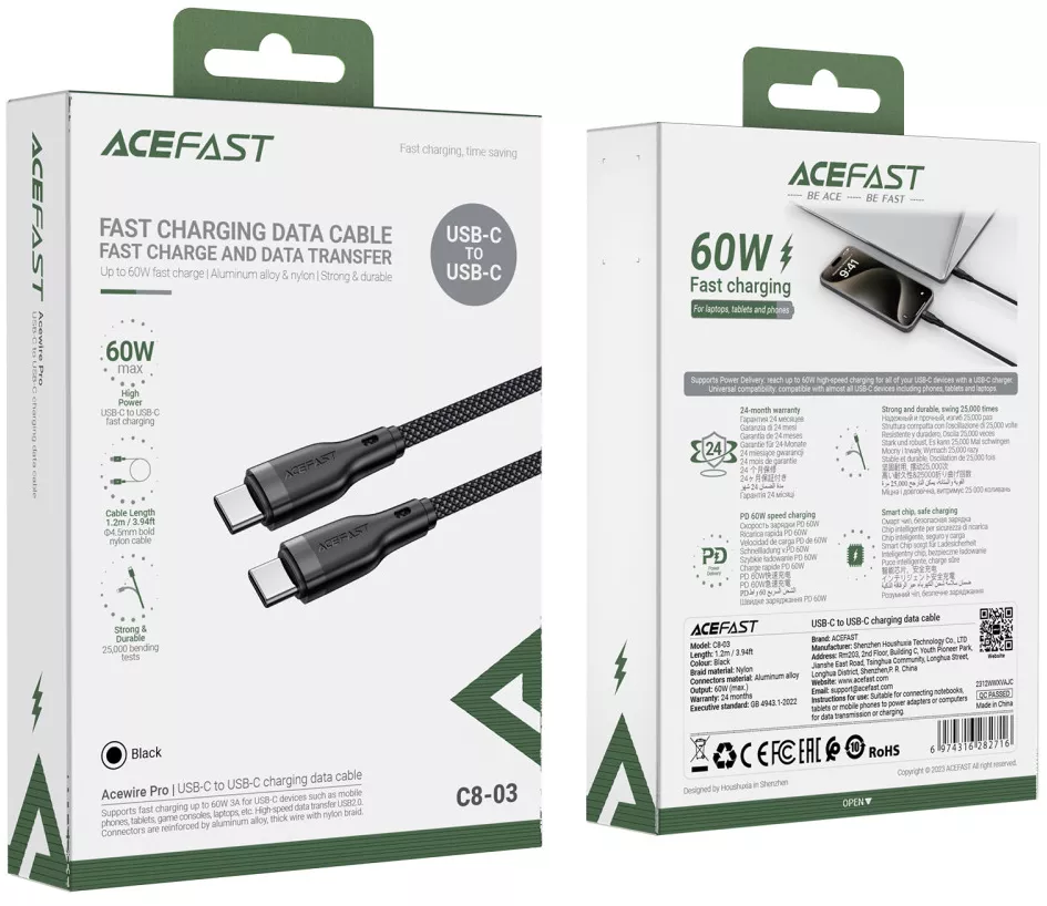 Кабель AceFast C08-03 USB Type-C - Type-C 60w 3a 1.2м PD cable Black - фото 6