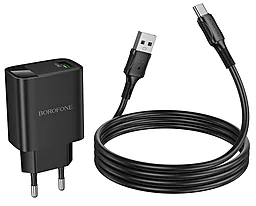 Мережевий зарядний пристрій Borofone BA95A 18w QC3.0 USB-A ports charger + USB-C cable black - фото Мережевий зарядний пристрій Borofone BA95A 18w QC3.0 USB-A ports charger + USB-C cable black