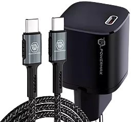 Мережевий зарядний пристрій з швидкою зарядкою Powermax PrimeGAN Bravo 33W PD/QC + USB C-C black