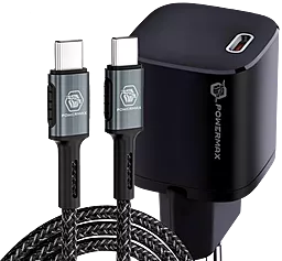 Сетевое зарядное устройство с быстрой зарядкой Powermax PrimeGAN 33w PD USB-C charger + USB-C to USB-C 100w cable black - фото Сетевое зарядное устройство с быстрой зарядкой Powermax PrimeGAN 33w PD USB-C charger + USB-C to USB-C 100w cable black