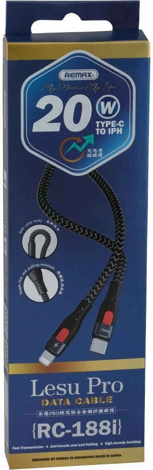 Кабель Remax USB Type-C - Lightning 20w 3a 1м PD сable Black (RC-188i) - фото 2