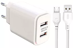 Мережевий зарядний пристрій XO L90C 2USB/2.4A + micro USB Cable White