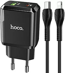 Сетевое зарядное устройство с быстрой зарядкой Hoco N5 Favor 20w PD USB-C/USB-A ports fast charger + USB-C to Lightning cable black