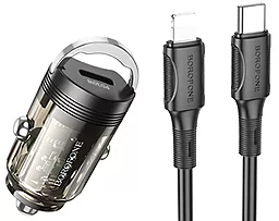 Автомобильное зарядное устройство Borofone BZ29 Ray 30w PD USB-C ports car charger + USB-C to Lightning cable transparent black - фото Автомобильное зарядное устройство Borofone BZ29 Ray 30w PD USB-C ports car charger + USB-C to Lightning cable transparent black