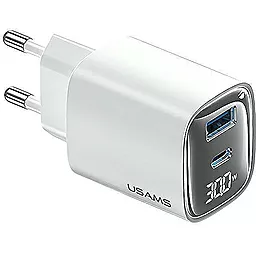 Мережевий зарядний пристрій Usams CC229 30W GaN USB-C/USB-A ports charger white - фото Мережевий зарядний пристрій Usams CC229 30W GaN USB-C/USB-A ports charger white
