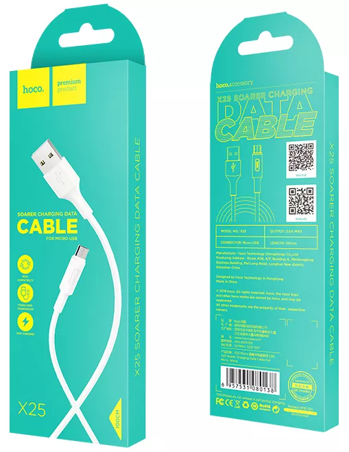 Кабель Hoco X25 Soarer Charged USB-A - micro USB 10w 1м cable White - фото 6