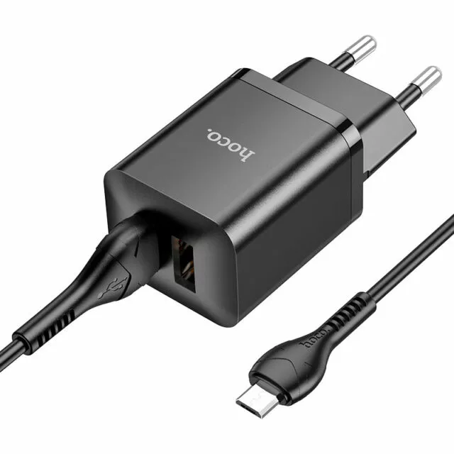 Мережевий зарядний пристрій Hoco N25 2.1a 2xUSB-A ports charger + mirco USB cable black - фото 2
