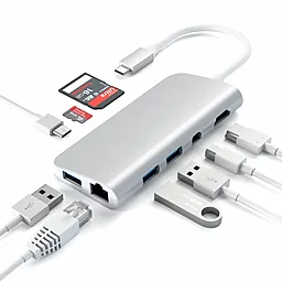 Мультипортовый USB Type-C хаб (концентратор) Satechi USB-C -> HDMI/DisplayPort/Gigabit Ethernet/3xUSB3.0/Card Reader/Type-C Silver (ST-TCMM8PAS)