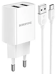 Сетевое зарядное устройство Borofone BA53A Powerway 2.1a 2xUSB-A ports charger + USB-C cable white - фото Сетевое зарядное устройство Borofone BA53A Powerway 2.1a 2xUSB-A ports charger + USB-C cable white