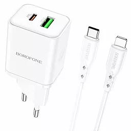 Мережевий зарядний пристрій Borofone BN7 PD20W+QC3.0 USB-C+A + USB-C - Lightning Cable White