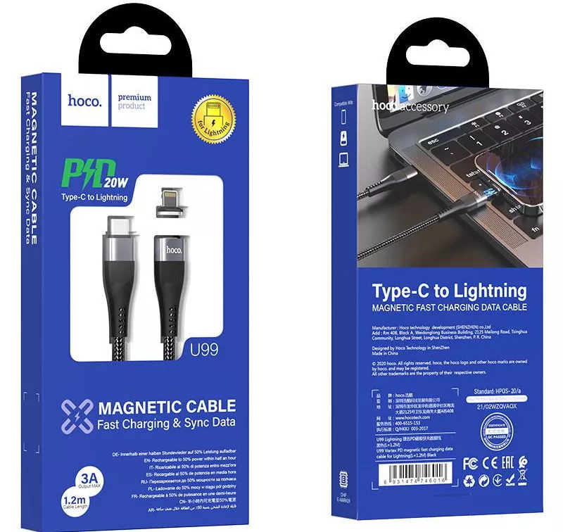 Кабель Hoco U99 Vortex Magnetic USB Type-C - Lightning 20w 3a 1.2м PD сable Black - фото 5