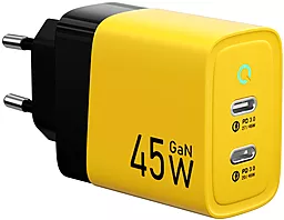 Сетевое зарядное устройство с быстрой зарядкой Veron TC-45 45w GaN PD 2xUSB-C ports charger yellow