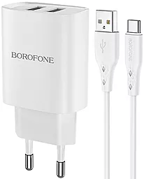 Сетевое зарядное устройство Borofone BN2 Super Fast 2.1a 2xUSB-A ports charger + USB-C cable white - фото Сетевое зарядное устройство Borofone BN2 Super Fast 2.1a 2xUSB-A ports charger + USB-C cable white