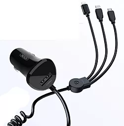 Автомобильное зарядное устройство XO CC36 USB-A 15W 3A + 3-in-1 USB-C/micro/Lightning Cable Black - миниатюра 2