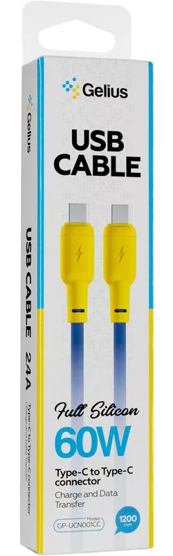 Кабель Gelius Full Silicon USB Type-C - Type-C 60w 3a 1м PD cable Yellow/Blue (GP-UCN001CC) - фото 3