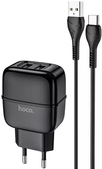 Сетевое зарядное устройство Hoco C77A 2.4a 2xUSB-A ports charger + USB-C cable black - фото 1