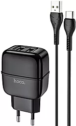 Мережевий зарядний пристрій Hoco C77A 2.4a 2xUSB-A ports charger + USB-C cable black - фото Мережевий зарядний пристрій Hoco C77A 2.4a 2xUSB-A ports charger + USB-C cable black