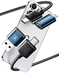 USB PD Кабель Essager 65W 3A 4-in-1 USB-C+A to USB Type-C/Lightning cable blue - мініатюра 3