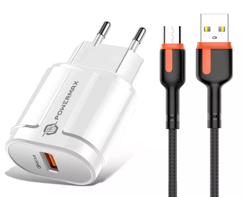 Сетевое зарядное устройство с поддержкой быстрой зарядки Powermax Fast Charger QC 3.0 18W + Alpha micro USB Cable Set White / Black - фото 1