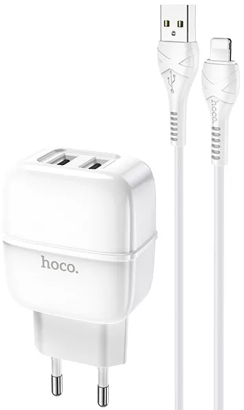 Сетевое зарядное устройство Hoco C77A 2.4a 2xUSB-A ports charger + Lightning cable white - фото 1