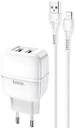 Мережевий зарядний пристрій Hoco C77A 2.4a 2xUSB-A ports charger + Lightning cable white - фото Мережевий зарядний пристрій Hoco C77A 2.4a 2xUSB-A ports charger + Lightning cable white