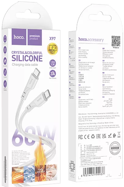 Кабель Hoco X97 Crystal Silicone USB Type-C - Type-C 60w 3a 1м PD cable light Gray - фото 4