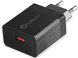Сетевое зарядное устройство с быстрой зарядкой Florence 18w QC3.0 home charger + USB-C cable black (FL-1050-KM) - фото Сетевое зарядное устройство с быстрой зарядкой Florence 18w QC3.0 home charger + USB-C cable black (FL-1050-KM)