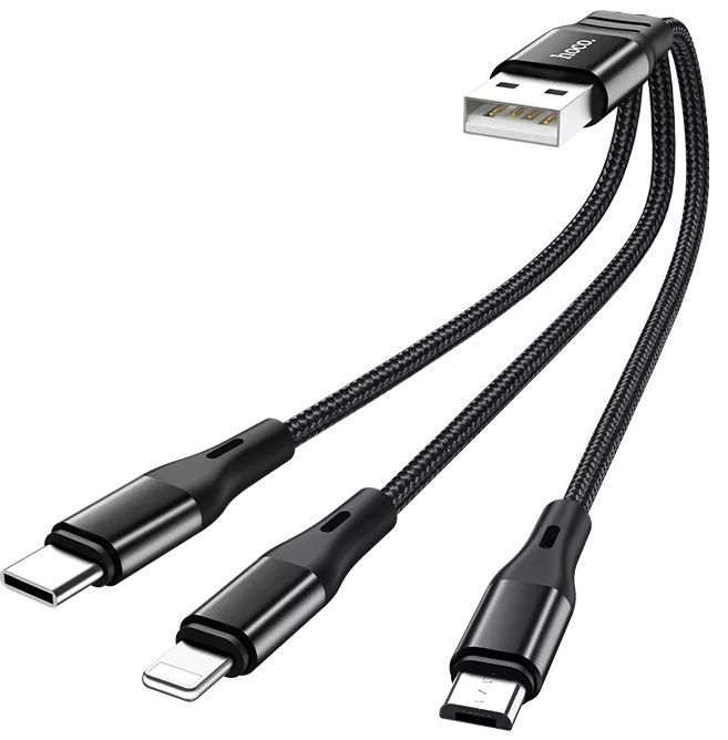 Універсальний кабель Hoco X47 Harbor 3-in-1 USB-A to Type-C/Lightning/micro USB 12w 2.4a 0.25м сable Black - фото 3