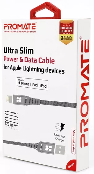 Кабель Promate USB-A - Lightning 12w 2.4a 1.2м cable Grey - фото 7