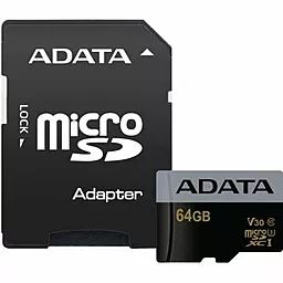 Карта памяти ADATA microSDXC 64GB Premier Pro Class 10 UHS-I U3 V30 + SD-адаптер (AUSDX64GUI3V30G-RA1)