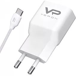 Мережевий зарядний пристрій з швидкою зарядкою Veron AD19C 2.1A home charger + USB Type-C cable white