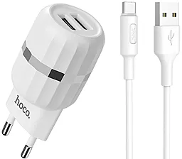 Сетевое зарядное устройство Hoco C41A Wisdom 2.4a 2xUSB-A ports charger + USB-C cable white - фото Сетевое зарядное устройство Hoco C41A Wisdom 2.4a 2xUSB-A ports charger + USB-C cable white