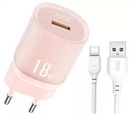 Мережевий зарядний пристрій XO L157 18w QC3.0 USB-A port charger + USB-C cable pink - фото Мережевий зарядний пристрій XO L157 18w QC3.0 USB-A port charger + USB-C cable pink