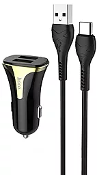 Автомобильное зарядное устройство с быстрой зарядкой Hoco Z31 18w QC3.0 2xUSB-A ports car charger + USB-C cable black - фото Автомобильное зарядное устройство с быстрой зарядкой Hoco Z31 18w QC3.0 2xUSB-A ports car charger + USB-C cable black