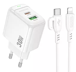 Сетевое зарядное устройство Borofone BAS45A 30w GaN PD/QC USB-C/USB-A ports charger + USB-C to Lightning cable white - фото Сетевое зарядное устройство Borofone BAS45A 30w GaN PD/QC USB-C/USB-A ports charger + USB-C to Lightning cable white