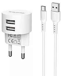 Сетевое зарядное устройство Borofone BA23A Brilliant 2.4a 2xUSB-A ports charger + USB-C cable white - фото Сетевое зарядное устройство Borofone BA23A Brilliant 2.4a 2xUSB-A ports charger + USB-C cable white