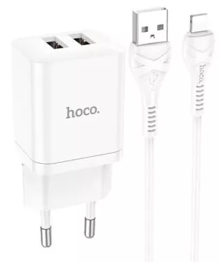 Сетевое зарядное устройство Hoco N25 2.1a 2xUSB-A ports charger + Lightning cable white - фото 1