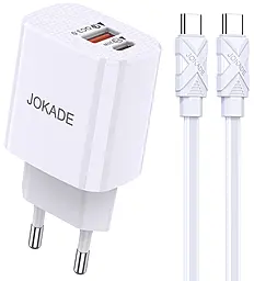 Мережевий зарядний пристрій Jokade JB042 20w PD/QC USB-C/USB-A ports + USB-C to USB-C cable fast charger white - фото Мережевий зарядний пристрій Jokade JB042 20w PD/QC USB-C/USB-A ports + USB-C to USB-C cable fast charger white