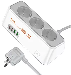 Сетевой фильтр (удлинитель) Hoco AC23 2500w 10a 3 розетки 65w PD/QC 2xUSB-C/2xUSB-A порта 2м белый - фото Сетевой фильтр (удлинитель) Hoco AC23 2500w 10a 3 розетки 65w PD/QC 2xUSB-C/2xUSB-A порта 2м белый