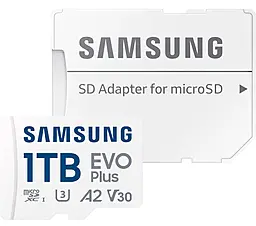 Карта памяти Samsung microSDXC EVO Plus 1TB UHS-I U3 V30 A2 Class 10 + SD-adapter (MB-MC1T0SA/EU) - фото Карта памяти Samsung microSDXC EVO Plus 1TB UHS-I U3 V30 A2 Class 10 + SD-adapter (MB-MC1T0SA/EU)