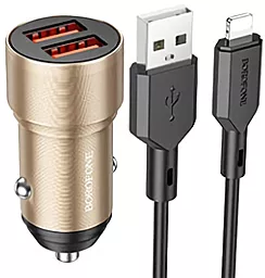 Автомобильное зарядное устройство Borofone BZ19 Wisdom 2.4a 2xUSB-A ports car charger + Lightning cable gold - фото Автомобильное зарядное устройство Borofone BZ19 Wisdom 2.4a 2xUSB-A ports car charger + Lightning cable gold
