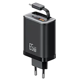 Мережевий зарядний пристрій Usams US-CC299 Xiang Ser. 65w GaN PD USB-C/USB-A ports charger + USB-C cable black - фото Мережевий зарядний пристрій Usams US-CC299 Xiang Ser. 65w GaN PD USB-C/USB-A ports charger + USB-C cable black