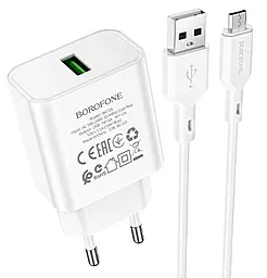 Мережевий зарядний пристрій Borofone BA72A Spring 18W USB QC3.0 + micro USB Cable White