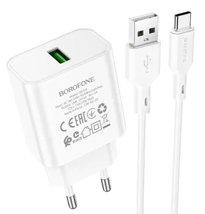 Сетевое зарядное устройство Borofone BA72A Spring 18w QC3.0 home charger + USB-C cable white - фото 2