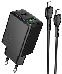Мережевий зарядний пристрій Hoco N69 Nuevo 20w PD USB-C/USB-A ports charger + USB-C to Lightning cable black - фото Мережевий зарядний пристрій Hoco N69 Nuevo 20w PD USB-C/USB-A ports charger + USB-C to Lightning cable black