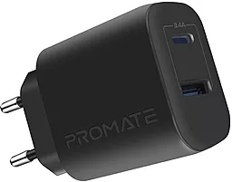 Сетевое зарядное устройство Promate BiPlug-2 17w USB-C/USB-A ports charger black - фото Сетевое зарядное устройство Promate BiPlug-2 17w USB-C/USB-A ports charger black