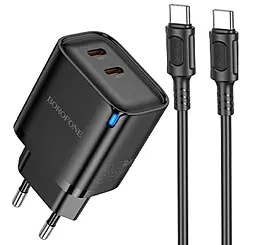 Мережевий зарядний пристрій Borofone BA85A 35w GaN PD 2xUSB-C ports charger + USB-C to USB-C cable black - фото Мережевий зарядний пристрій Borofone BA85A 35w GaN PD 2xUSB-C ports charger + USB-C to USB-C cable black