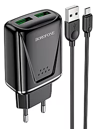Сетевое зарядное устройство с быстрой зарядкой Borofone BA54A Wide road 18w QC3.0 2xUSB-A ports charger + micro USB cable black - фото Сетевое зарядное устройство с быстрой зарядкой Borofone BA54A Wide road 18w QC3.0 2xUSB-A ports charger + micro USB cable black